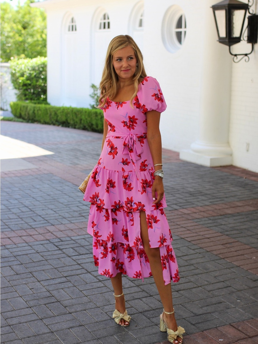 Likely Pink Floral Tiered Midi Dress with Puff Sleeves